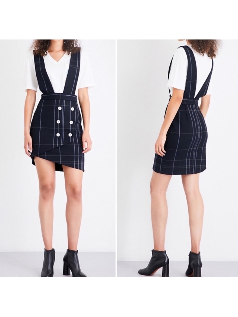 Maje Navy Tartan Plaid Jola Gabardine Pinafore Skirt Dress
